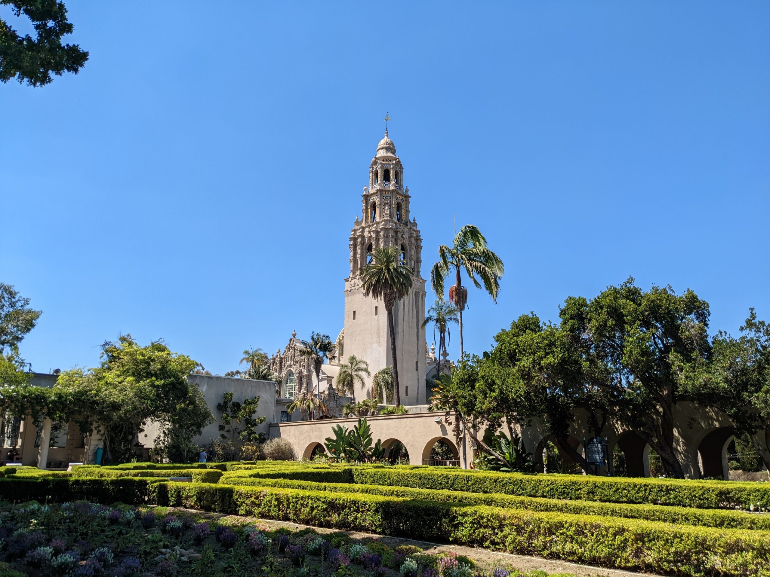 View of the California Tower from Alcazar Garden in Balboa Park