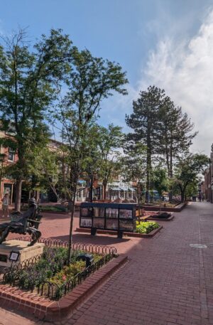 A Sunny day on Pearl Street seen from Scavenger Hunt Walking Tour Boulder Colorado.