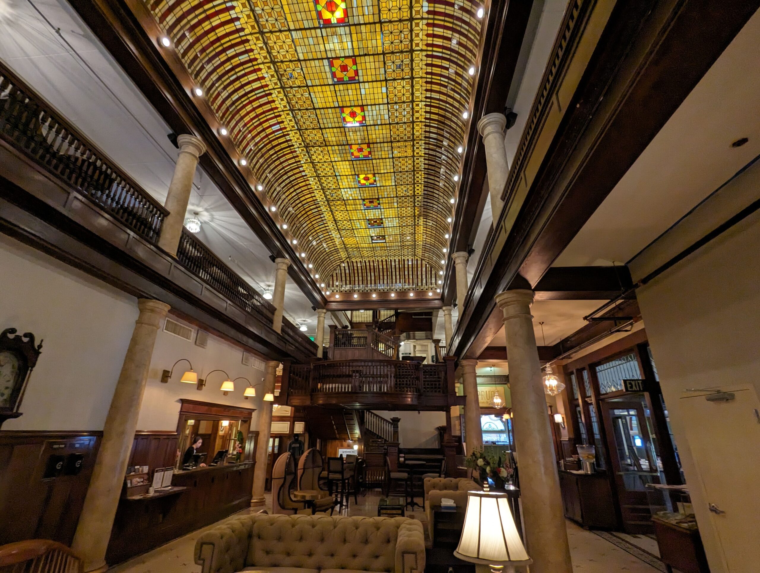 Hotel Boulderado lobby and stained glass seen from Scavenger Hunt Walking Tour Boulder Colorado.