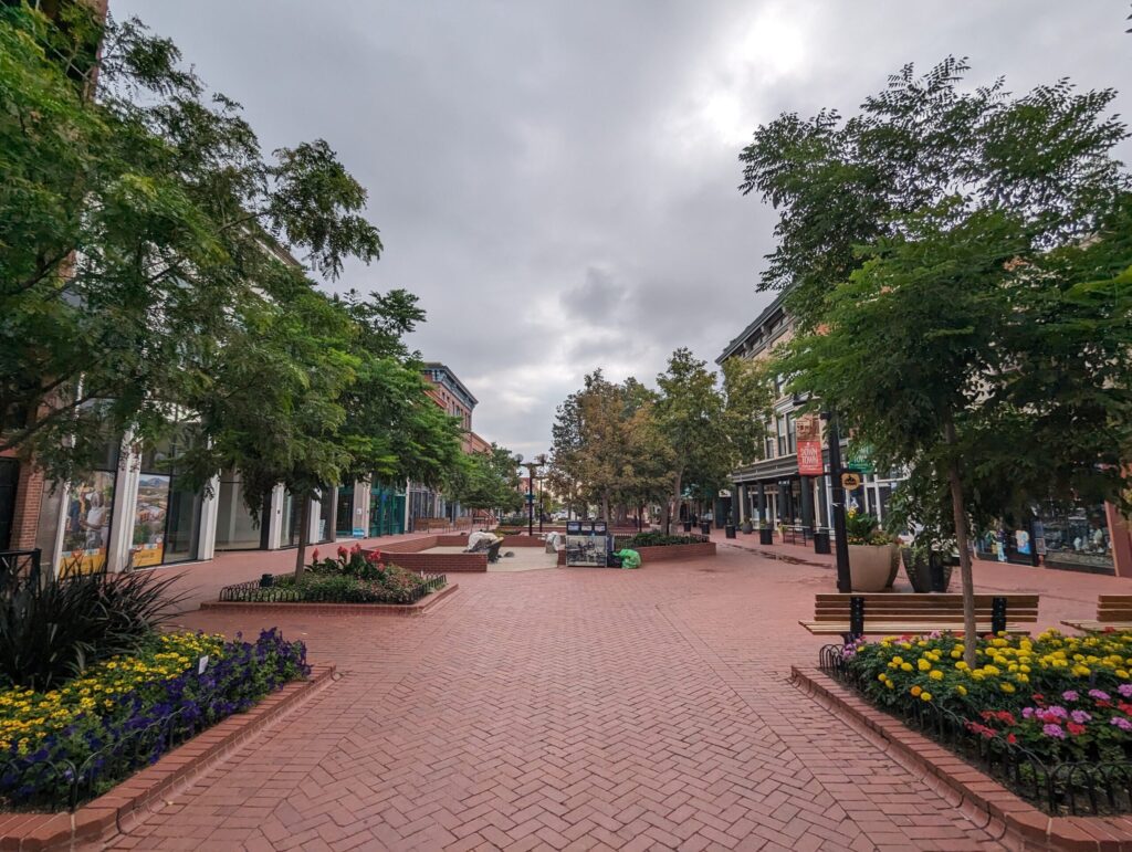 Scenic view of Pearl Street Mall from seen from Scavenger Hunt Walking Tour Boulder Colorado.
