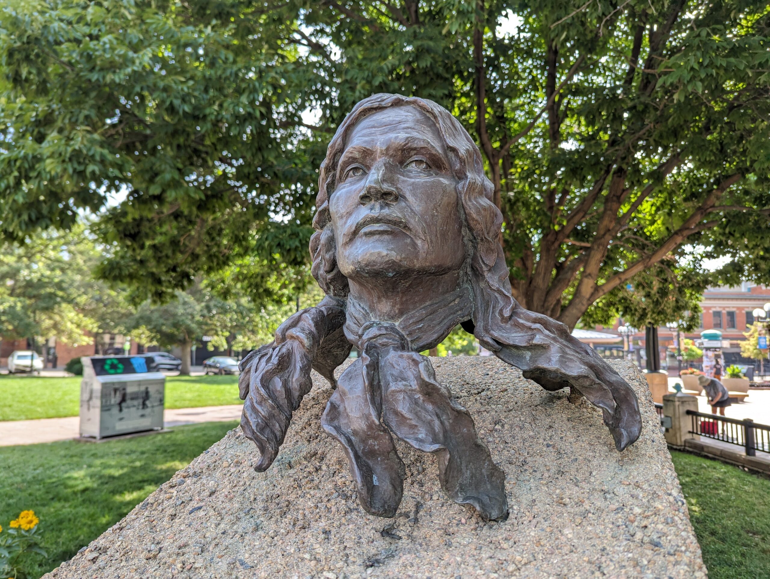 Sculpture In Tribute to Arapahoe people seen from Scavenger Hunt Walking Tour Boulder Colorado.