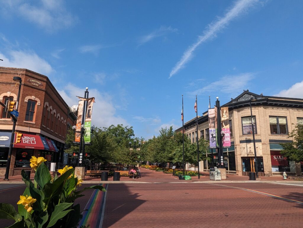 Wide open to explore Pearl Street Mall seen from Scavenger Hunt Walking Tour Boulder Colorado.