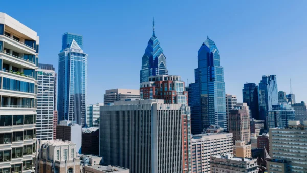 Aerial view of Philadelphia's cityscape showcasing the skyline's iconic skyscrapers on a clear day. in Philadelphia Scavenger Hunt, PA