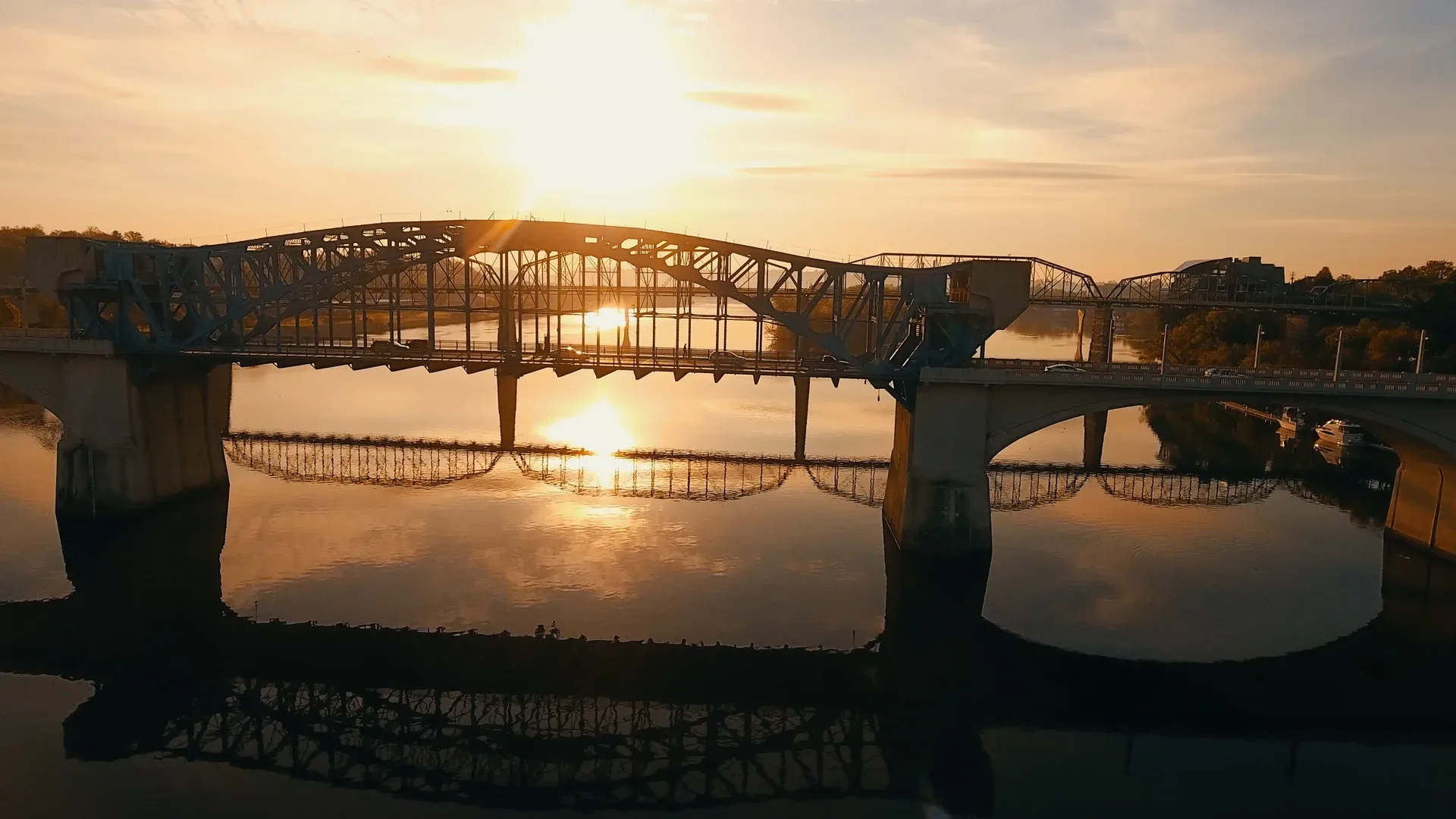 A Concrete Bridge Reflecting On The Sea With The Sunset In The Background In Chattanooga, Tennessee in Chattanooga Scavenger Hunt, TN