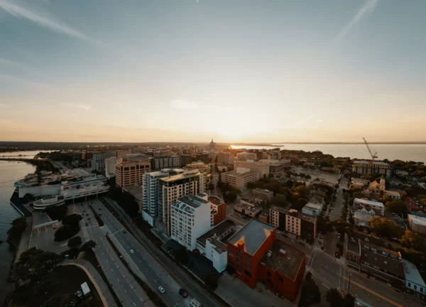 Breathtaking aerial view of Madison, Wisconsin's cityscape during a serene sunset. in Madison Scavenger Hunt, WI