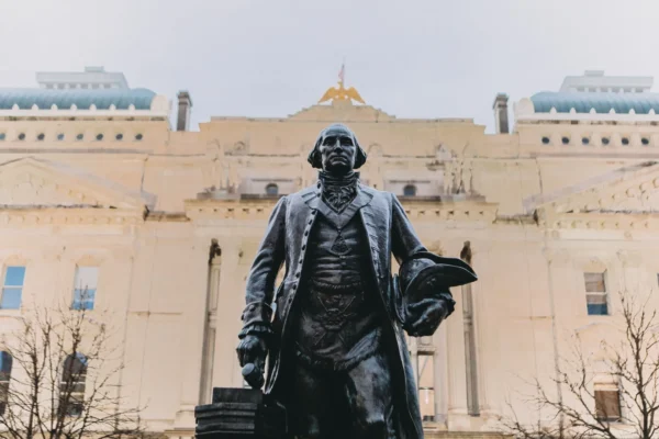 Monumental statue of George Washington outside the Indiana Statehouse, Indianapolis. in Indianapolis Scavenger Hunt