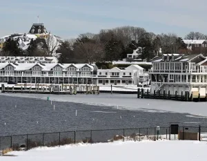 Beautiful snowy scene of a marina in Westerly, Rhode Island during winter. in Westerly Scavenger Hunt, RI