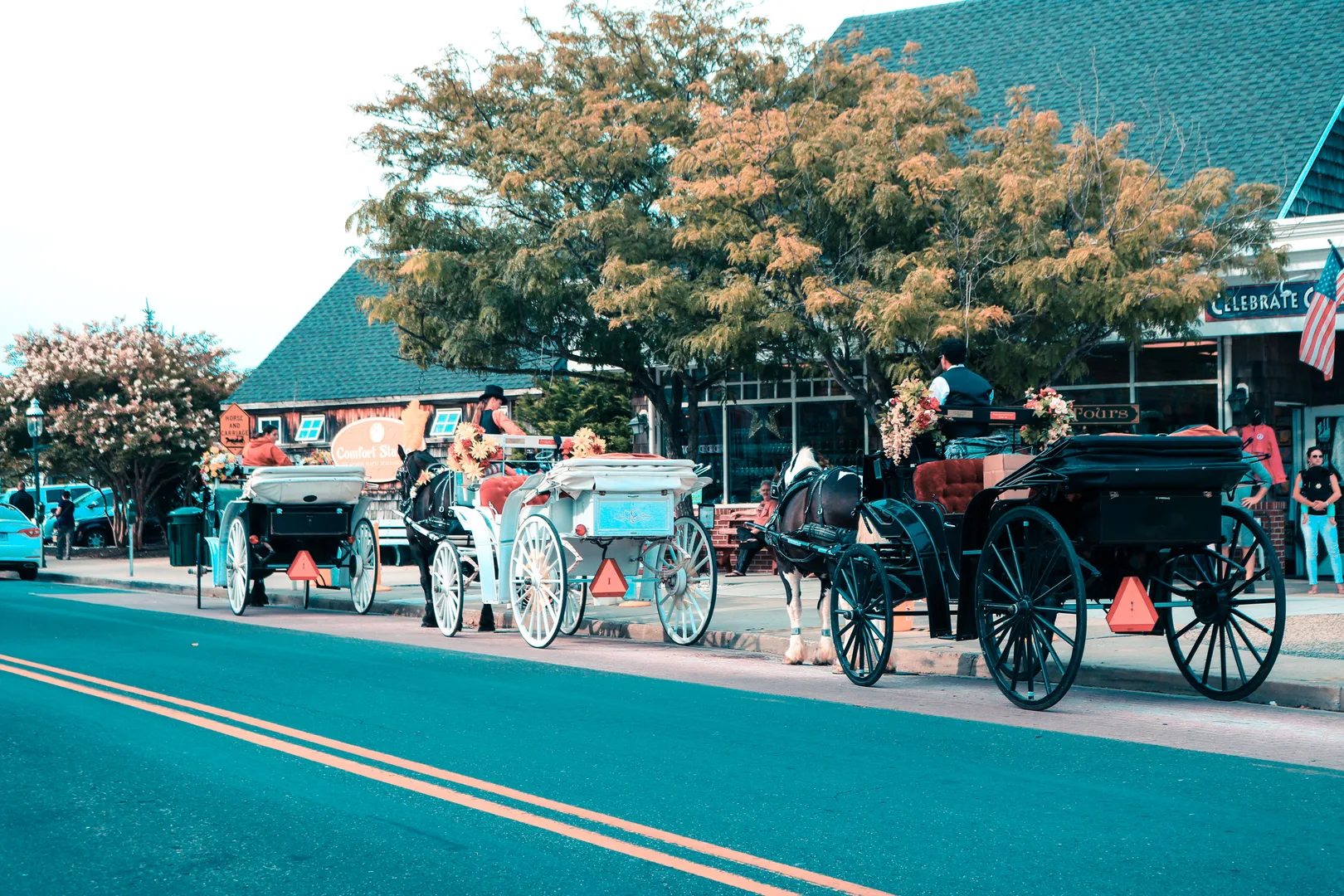 Horse-drawn carriages lined up downtown Cape May, NJ, showcasing quaint street life. in Cape May Scavenger Hunt, NJ