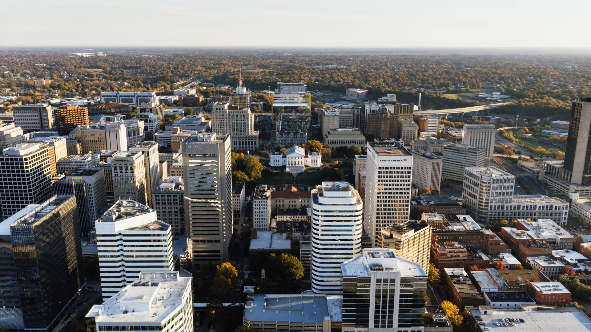 Aerial view of downtown Richmond, Virginia, capturing the city's skyline and architecture. in Richmond Virginia Scavenger Hunt, VA