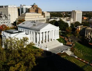 Aerial view of the historic Virginia State Capitol in downtown Richmond, highlighting its architectural significance. in Richmond Virginia Scavenger Hunt, VA