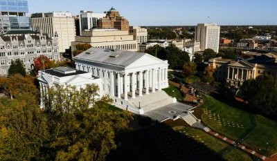 Aerial view of the historic Virginia State Capitol in downtown Richmond, highlighting its architectural significance. in Richmond Virginia Scavenger Hunt, VA