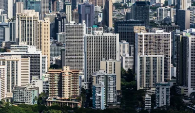 Aerial cityscape of modern skyscrapers in downtown Honolulu on a sunny day. in Honolulu Scavenger Hunt, HI