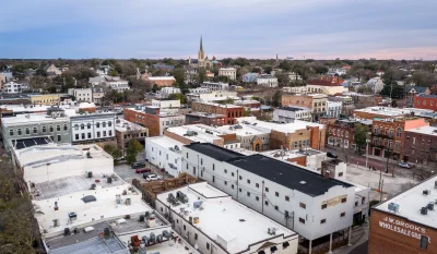 Aerial view of historic downtown Wilmington, NC showcasing urban architecture and church spires. in Wilmington North Carolina Scavenger Hunt, NC