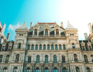 Elegant Renaissance architecture of the New York State Capitol building in Albany under clear sky. in Albany New York Scavenger Hunt