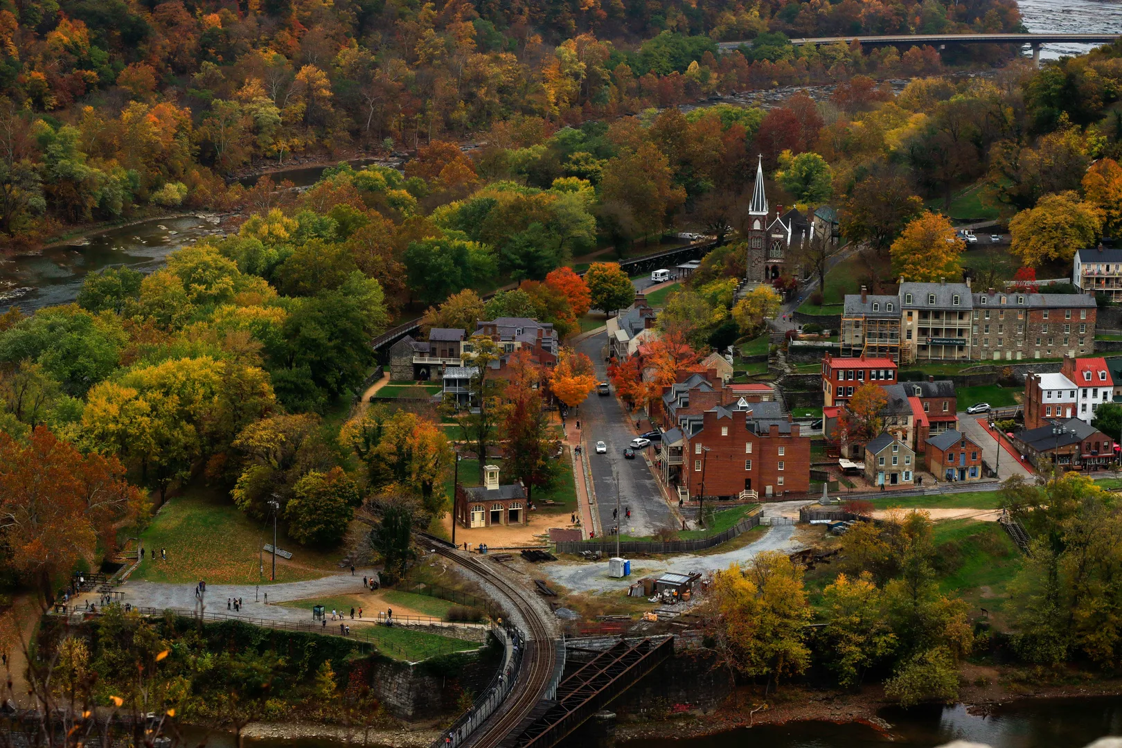 an aerial view of a town surrounded by trees in Harpers Ferry Scavenger Hunt, WV